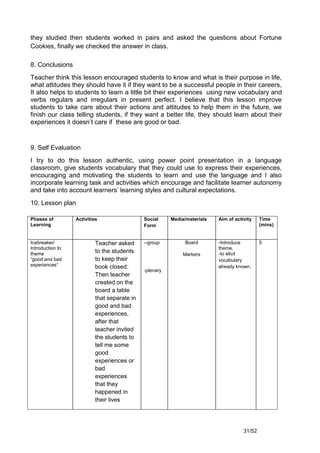 they studied then students worked in pairs and asked the questions about Fortune
Cookies, finally we checked the answer in class.

8. Conclusions
Teacher think this lesson encouraged students to know and what is their purpose in life,
what attitudes they should have it if they want to be a successful people in their careers,
It also helps to students to learn a little bit their experiences using new vocabulary and
verbs regulars and irregulars in present perfect. I believe that this lesson improve
students to take care about their actions and attitudes to help them in the future, we
finish our class telling students, if they want a better life, they should learn about their
experiences it doesn’t care if these are good or bad.


9. Self Evaluation
I try to do this lesson authentic, using power point presentation in a language
classroom, give students vocabulary that they could use to express their experiences,
encouraging and motivating the students to learn and use the language and I also
incorporate learning task and activities which encourage and facilitate learner autonomy
and take into account learners’ learning styles and cultural expectations.
10. Lesson plan

Phases of         Activities                  Social     Media/materials   Aim of activity    Time
Learning                                      Form                                            (mins)


Icebreaker/                Teacher asked      --group         Board        -Introduce         5
Introduction to                                                            theme.
theme                      to the students                                 -to elicit
                                                              Markers
“good and bad              to keep their                                   vocabulary
experiences”               book closed.                                    already known.
                                              -plenary
                           Then teacher
                           created on the
                           board a table
                           that separate in
                           good and bad
                           experiences,
                           after that
                           teacher invited
                           the students to
                           tell me some
                           good
                           experiences or
                           bad
                           experiences
                           that they
                           happened in
                           their lives




                                                                                      31/52
 