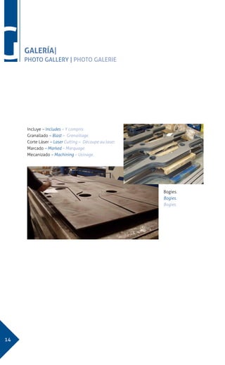 14
GGALERÍA|
PHOTO GALLERY | PHOTO GALERIE
Incluye – Includes – Y compris:
Granallado – Blast – Grenaillage.
Corte Láser – Laser Cutting – Découpe au laser.
Marcado – Marked – Marquage.
Mecanizado – Machining – Usinage.
Bogies.
Bogies.
Bogies.
 