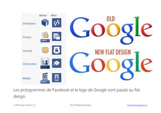 Les pictogrammes de Facebook et le logo de Google sont passés au flat
design.
Le flat design version 1.0

2013 Philippe Boukobza

 