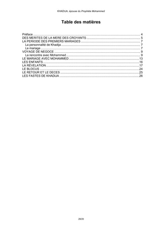 KHADIJA, épouse du Prophète Mohammed



                                            Table des matières

Préface .............................................................................................................................. 4
DES MERITES DE LA MERE DES CROYANTS ............................................................... 5
LA PERIODE DES PREMIERS MARIAGES ...................................................................... 7
  La personnalité de Khadija ............................................................................................. 7
  Le mariage ..................................................................................................................... 7
VOYAGE DE NEGOCE ..................................................................................................... 9
  La rencontre avec Mohammed ....................................................................................... 9
LE MARIAGE AVEC MOHAMMED...................................................................................13
LES ENFANTS .................................................................................................................16
LA REVELATION..............................................................................................................17
LE BLOCUS .....................................................................................................................24
LE RETOUR ET LE DECES .............................................................................................25
LES FASTES DE KHADIJA ..............................................................................................26




                                                               28/29
 