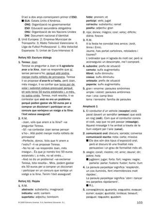 103© 2009 Edicions Voramar, S.A./Santillana Educación, S.L.
D’ací a dos anys començarem primer d’ESO.
■ EUA: Estats Units d’Amèrica.
ONG: Organització no governamental
ESO: Educació secundària obligatòria
ONU: Organització de les Nacions Unides
DNI: Document nacional d’identitat
2. Unió Europea: 2; Empresa Municipal de
Transports: 3; Ràdio Televisió Valenciana: 4;
Lliga de Futbol Professional: 1; Alta Velocitat
Espanyola: 5; Unitat de Cura Intensiva: 6
Reforç 60: Escriure diàlegs
1. Teresa; Joan
Teresa va preguntar a Joan si li agradaria
anar a la Xina. Joan va respondre que sí,
sense pensar-s’ho, perquè allà podria
menjar molts rotllets de primavera. Teresa
li va proposar d’anar-hi a l’estiu, però Joan,
més insegur, li va confiar que tenia por de
volar i sobretot estava preocupat perquè
ell sols tenia 50 euros estalviats i, a més,
no sabia xinés. Teresa, molt resolta, li va
contestar que això no era un problema
perquè podien gastar els 50 euros per a
comprar un diccionari i participar en un
concurs que sortejava un viatge a la Xina:
l’èxit estava assegurat!
2. R.M.
–Joan, vols que anem a la Xina? –va
preguntar Teresa.
–Sí! –va contestar Joan sense pensar-
s’ho–. Allà podré menjar molts rotllets de
primavera!
–Perfecte, doncs. Vols que hi anem a
l’estiu? –li va proposar Teresa.
–No ho sé –va respondre Joan, més
insegur–. És que jo només tinc 50 euros
estalviats i, a més, no sé xinés…
–Això no és un problema! –va exclamar
Teresa, tota resolta–. Mira, podem gastar
els 50 euros per a comprar un diccionari
i participar en un concurs que sorteja un
viatge a la Xina. Tenim l’èxit assegurat!
Reforç 61: Repàs
1. R.M.
abstracte: substantiu; imaginació
indicatiu: verb; cantem
superlatiu: adjectiu; boníssim
feble: pronom; et
participi: verb; jugat
col·lectiu: substantiu; ramat
positiu: adjectiu; gran
2. roja; dones; màgics; cosí; veloç; difícils;
diària; foscos
3. R.M.
A la festa he convidat tres amics: Jordi,
Anna i Enric.
Jaume, has portat cartolines, retoladors i
tisores?
L’ordinador que m’agrada és molt car; però si
aconseguisc un descompte, me’l compraré.
4. subordre: prefix de situació
camota: sufix augmentatiu
llibret: sufix diminutiu
cosiua: sufix diminutiu
antesala: prefix de situació
paperàs: sufix augmentatiu
5. gran i enorme: paraules sinònimes
ample i estret: paraules antònimes
mar i ona: camp lèxic
terra i terrestre: família de paraules
Ampliació 1
1. El conductor d’un vehicle (receptor) està
parat davant un semàfor (emissor) que està
en roig (codi). Com que el conductor coneix
el codi, sap que no pot passar (missatge).
Aquest missatge li ha arribat a través de la
llum viatjant per l’aire (canal).
2. comunicació oral: discurs; xarrada; conversa
comunicació escrita: nota; carta; missiva
■ Els dos són dos tipus d’exposició oral,
però el discurs té una finalitat més
persuasiva i un grau de formalitat més alt.
3. alegre; corall; mestre; nit; amic; daurar; dir;
pobre; hola
■ jugàrem: jugar; forta: fort; negres: negre;
parlaria: parlar; fusters: fuster; llums: llum
4. La paraula parpellejar significa ’resplendir,
un cos lluminós, fent intermitències molt
ràpides’.
La paraula parpellejar significa ’obrir i tancar
les parpelles ràpidament’.
■ R.L.
5. conseqüència; quaranta; esquadra; evacuar;
cuiner; cuejar; quotidià; innòcua; bescuit;
pasqual; requadre; quadern
131953 _ 0001-0112.indd 103 21/5/09 14:54:34
 