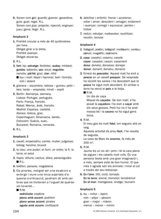 104 © 2009 Edicions Voramar, S.A./Santillana Educación, S.L.
6. Sonen com gat: guardó; guerrer; gavardina;
guia; gual; regal. R.L.
Sonen com joia: projecte; injecció; enginyer;
jueu; gerra; llegir. R.L.
Ampliació 2
1. Prohibit circular a més de 40 quilòmetres
per hora.
Obligat girar a la dreta.
Prohibit avançar.
Obligat aturar-se.
2. R.L.
3. fart: tip; salvatge: feréstec; audaç: intrèpid;
gustós: saborós; sec: eixut; neguitós:
nerviós; pàl·Iid: groc; clar: nítid
■ tou i moll; llépol i llaminer; bell i formós;
roín i dolent
4. granera – escombra; rabosa – guineu; petó –
bes; tarda – vesprada; mirall – espill
5. Berlín: Alemanya, alemany.
Lisboa: Portugal, portugués.
París: França, francés.
Rabat: Marroc, àrab, francés.
Madrid: Espanya, castellà.
Atenes: Grècia, grec.
Copenhaguen: Dinamarca, danés.
Estocolm: Suècia, suec.
Bucarest: Romania, romanés.
6. R.L.
Ampliació 3
1. cavall; emperadriu; comte; muller; jutgessa;
biòleg; heroïna; bruixot
2. la clau; una pudor; el llum; un ordre; la fi; la
terra; el salut
3. llapis; dilluns; cactus; atles; paracaigudes
■ R.L.
4. telèfon; paraula; magdalena
5. Els pi-ra-tes, mal-grat ser u-na es-pè-ci-e a
ex-tin-gir i viu-re u-na mi-ca a-par-tats d’a-
ques-ta ci-vi-lit-za-ci-ó, po-drí-em dir amb cer-
te-sa que es tro-ba-ven a l’a-guait de qual-se-
vol no-ve-tat…
■ R.M.
esdrúixola: espècie
plana amb accent: podríem
plana sense accent: pirates
aguda amb accent: civilització
6. debilitar i enfortir; frenar i accelerar;
odiar i amar; descobrir i amagar; endarrerir
i avançar; corregir i equivocar; perdre i
trobar
7. reduir; rebutjar; malbaratar; reutilitzar;
recollir; reciclar
Ampliació 4
1. fotògraf; poètic; telègraf; moltíssim; corríeu;
cérvol; magnífic; exàmens
2. casa: casalici; caseriu; casolà
casar: casador; casori; casament
dona: doneta; donassa; donejar
donar: donant; donatiu; donació
3. Ernest és pescador. Aquest matí ha eixit a
pescar en un vaixell pesquer. De vesprada
ha recollit les xarxes i ha descobert que la
pesca ha sigut molt abundant. En arribar a
terra ha venut el peix a la llotja.
■ R.M.
Un dia de caça
Miquel és caçador. De bon matí, s’ha
posat la caçadora i ha eixit a caçar amb
els seus gossos. Però hui no li ha anat
massa bé i la cacera no ha sigut gens
bona.
4. R.M.
El meu gos és molt fidel, em segueix allà on
vaig.
Aquesta activitat és prou fàcil, l’he resolta
de seguida.
La casa de Marc és enorme, fa més de
200 m2
.
5. R.M.
Jaume és un xic alt i prim i té la cara plena
de pigues i els cabells molt rulls. És una
persona llesta amb una gran imaginació i,
a més, sempre està de bon humor. El que
més li agrada són els animals i mirar el cel
a través del seu telescopi.
6. En l’aire: tifó; cicló; tornado
En la terra: sisme; tremolor; terratrèmol
En el mar: maregassa; onatge; tsunami
Ampliació 5
1. bo – millor – òptim
roín – pitjor – pèssim
gran – major – màxim
menut – menor – mínim
131953 _ 0001-0112.indd 104 14/5/09 08:47:41
 