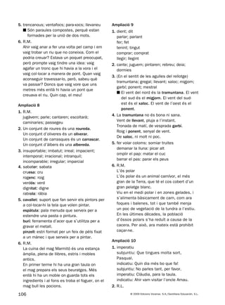 106 © 2009 Edicions Voramar, S.A./Santillana Educación, S.L.
5. trencanous; ventafocs; para-xocs; llevaneu
■ Són paraules compostes, perquè estan
formades per la unió de dos mots.
6. R.M.
Ahir vaig anar a fer una volta pel camp i em
vaig trobar un riu que no coneixia. Com el
podria creuar? Estava un poquet preocupat,
però prompte vaig tindre una idea: vaig
agafar un tronc que hi havia a la vora i el
vaig col·locar a manera de pont. Quan vaig
aconseguir travessar-lo, però, sabeu què
va passar? Doncs que vaig vore que uns
metres més enllà hi havia un pont que
creuava el riu. Quin cap, el meu!
Ampliació 8
1. R.M.
jugàvem; parle; cantaren; escoltarà;
caminaries; passegeu
2. Un conjunt de roures és una roureda.
Un conjunt d’oliveres és un oliverar.
Un conjunt de carrasques és un carrascar.
Un conjunt d’àlbers és una albereda.
3. insuportable; imbatut; irreal; impacient;
intemporal; irracional; intranquil;
incomparable; irregular; imparcial
4. sabater: sabata
cruesa: cru
rogenc: roig
verdós: verd
dignitat: digne
rabiola: ràbia
5. cavallet: suport que fan servir els pintors per
a col·locar-hi la tela que volen pintar.
espàtula: pala menuda que serveix per a
estendre una pasta o pintura.
burí: ferramenta d’acer que s’utilitza per a
gravar el metall.
pinzell: estri format per un feix de pèls fixat
a un mànec i que serveix per a pintar.
6. R.M.
La cuina del mag Marmitó és una estança
àmplia, plena de llibres, estris i mobles
antics.
En primer terme hi ha una gran taula on
el mag prepara els seus beuratges. Més
enllà hi ha un moble on guarda tots els
ingredients i al fons es troba el foguer, on el
mag bull les pocions.
Ampliació 9
1. dient; dit
parlar; parlant
fer; fet
tenint; tingut
comprar; comprat
llegir; llegint
2. cante; juguem; pintaren; rebreu; deia;
dormies
3. (En el sentit de les agulles del rellotge)
tramuntana; gregal; llevant; xaloc; migjorn;
garbí; ponent; mestral
■ El vent del nord és la tramuntana. El vent
del sud és el migjorn. El vent del sud-
est és el xaloc. El vent de l’oest és el
ponent.
4. La tramuntana no és bona ni sana.
Vent de llevant, pluja a l’instant.
Tronada de matí, de vesprada garbí.
Roig i ponent, senyal de vent.
De xaloc, ni molt ni poc.
5. fer volar coloms: somiar truites
demanar la lluna: picar alt
omplir el pap: matar el cuc
barrar el pas: parar els peus
6. R.M.
L’ós polar
L’ós polar és un animal carnívor, el més
gran de la Terra, que té el cos cobert d’un
gran pelatge blanc.
Viu en el medi polar i en zones gelades, i
s’alimenta bàsicament de carn, com ara
foques i balenes, tot i que també menja
un poc de vegetació de la tundra a l’estiu.
En les últimes dècades, la població
d’óssos polars s’ha reduït a causa de la
cacera. Per això, ara mateix està prohibit
caçar-ne.
Ampliació 10
1. imperatiu
subjuntiu: Que tingues molta sort,
Pasqual.
indicatiu: Quin dia més bo que fa!
subjuntiu: No parles tant, per favor.
imperatiu: Clàudia, para la taula.
indicatiu: Ahir vam visitar l’oncle Arnau.
2. R.L.
131953 _ 0001-0112.indd 106 21/5/09 14:54:35
 