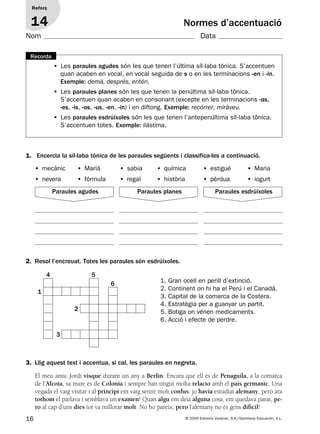 16 © 2009 Edicions Voramar, S.A./Santillana Educación, S.L.
2. Resol l’encreuat. Totes les paraules són esdrúixoles.
3. Llig aquest text i accentua, si cal, les paraules en negreta.
1. Encercla la síl·laba tònica de les paraules següents i classifica-les a continuació.
• Les paraules agudes són les que tenen l’última síl·laba tònica. S’accentuen
quan acaben en vocal, en vocal seguida de s o en les terminacions -en i -in.
Exemple: demà, després, entén.
• Les paraules planes són les que tenen la penúltima síl·laba tònica.
S’accentuen quan acaben en consonant (excepte en les terminacions -as,
-es, -is, -os, -us, -en, -in) i en diftong. Exemple: recórrer, miràveu.
• Les paraules esdrúixoles són les que tenen l’antepenúltima síl·laba tònica.
S’accentuen totes. Exemple: llàstima.
Recorda
Normes d’accentuació
Reforç
14
Paraules agudes Paraules planes Paraules esdrúixoles
El meu amic Jordi visque durant un any a Berlin. Encara que ell és de Penaguila, a la comarca
de l’Alcoia, sa mare és de Colonia i sempre han tingut molta relacio amb el pais germanic. Una
vegada el vaig visitar i al principi em vaig sentir molt confus: jo havia estudiat alemany, però ara
tothom el parlava i semblava un examen! Quan algu em deia alguna cosa, em quedava parat, pe-
ro al cap d’uns dies tot va millorar molt. No ho pareix, pero l’alemany no és gens dificil!
• mecànic • Marià • sabia • química • estigué • Maria
• nevera • fórmula • regal • història • pèrdua • iogurt
1. Gran ocell en perill d’extinció.
2. Continent on hi ha el Perú i el Canadà.
3. Capital de la comarca de la Costera.
4. Estratègia per a guanyar un partit.
5. Botiga on vénen medicaments.
6. Acció i efecte de perdre.
4 5
6
1
3
2
Nom Data
131953 _ 0001-0112.indd 16 14/5/09 08:47:10
 