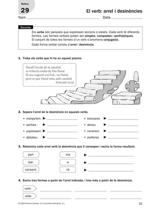 31© 2009 Edicions Voramar, S.A./Santillana Educación, S.L.
El verb: arrel i desinències
1. Troba els verbs que hi ha en aquest poema.
2. Separa l’arrel de la desinència en aquests verbs.
3. Relaciona cada arrel amb la desinència que li correspon i escriu la forma resultant.
4. Escriu tres formes a partir de l’arrel indicada, i tres més a partir de la desinència.
Reforç
29
Nom Data
Els verbs són paraules que expressen accions o estats. Cada verb té diferents
formes. Les formes verbals poden ser simples, compostes i perifràstiques.
El conjunt de totes les formes d’un verb s’anomena conjugació.
Cada forma verbal consta d’arrel i desinència.
Recorda
Davall l’escala de la catedral,
es troba la tomba de Pau Partal.
El seu cognom era Folc, no Partal,
però és que Partal rima amb catedral.
Edward LEar
• menjaríem
• senties
• expressem
• debateu
• trencaren
• doneu
• correrem
• preferisc
parl- -iria
consent- -ré
bat- -e
cant-
-aràs
131953 _ 0001-0112.indd 31 14/5/09 08:47:16
 