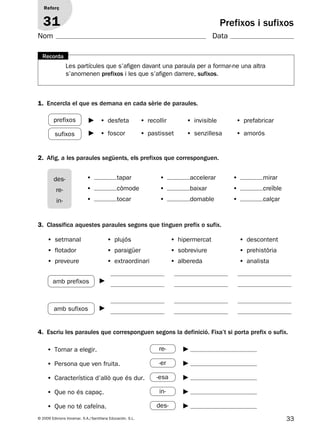 33© 2009 Edicions Voramar, S.A./Santillana Educación, S.L.
Prefixos i sufixos
4. Escriu les paraules que corresponguen segons la definició. Fixa’t si porta prefix o sufix.
Reforç
31
Nom Data
2. Afig, a les paraules següents, els prefixos que corresponguen.
des-
re-
in-
• tapar
• còmode
• tocar
• accelerar
• baixar
• domable
• mirar
• creïble
• calçar
Les partícules que s’afigen davant una paraula per a formar-ne una altra
s’anomenen prefixos i les que s’afigen darrere, sufixos.
Recorda
1. Encercla el que es demana en cada sèrie de paraules.
• desfeta • recollir • invisible • prefabricar
• foscor • pastisset • senzillesa • amorós
prefixos
sufixos
3. Classifica aquestes paraules segons que tinguen prefix o sufix.
• setmanal • plujós • hipermercat • descontent
• flotador • paraigüer • sobreviure • prehistòria
• preveure • extraordinari • albereda • analista
amb prefixos
amb sufixos
• Tornar a elegir. re-
• Persona que ven fruita. -er
• Característica d’allò que és dur. -esa
• Que no és capaç. in-
• Que no té cafeïna. des-
131953 _ 0001-0112.indd 33 14/5/09 08:47:17
 