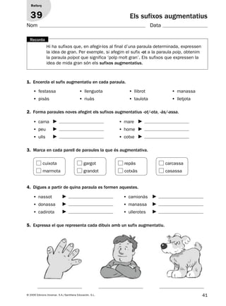 41© 2009 Edicions Voramar, S.A./Santillana Educación, S.L.
Els sufixos augmentatius
1. Encercla el sufix augmentatiu en cada paraula.
2. Forma paraules noves afegint els sufixos augmentatius -ot/-ota, -às/-assa.
4. Digues a partir de quina paraula es formen aquestes.
5. Expressa el que representa cada dibuix amb un sufix augmentatiu.
3. Marca en cada parell de paraules la que és augmentativa.
Reforç
39
Nom Data
• festassa • llenguota • llibrot • manassa
• pisàs • riuàs • taulota • lletjota
• cama
• peu
• ulls
• nassot
• donassa
• cadirota
• mare
• home
• cotxe
• camionàs
• manassa
• ullerotes
Hi ha sufixos que, en afegir-los al final d’una paraula determinada, expressen
la idea de gran. Per exemple, si afegim el sufix -ot a la paraula polp, obtenim
la paraula polpot que significa ‘polp molt gran’. Els sufixos que expressen la
idea de mida gran són els sufixos augmentatius.
Recorda
cuixota
marmota
repàs
cotxàs
gargot
grandot
carcassa
casassa
131953 _ 0001-0112.indd 41 14/5/09 08:47:20
 