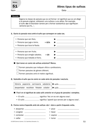 53© 2009 Edicions Voramar, S.A./Santillana Educación, S.L.
Altres tipus de sufixos
1. Escriu la paraula nova amb el sufix que correspon en cada cas.
2. Subratlla el sufix que és comú en cada sèrie de paraules i escriu-lo.
3. Forma noms d’aparells amb els sufixos -dor i -dora a partir d’aquests verbs.
Reforç
51
Nom Data
■ Què tenen en comú els sufixos anteriors? Marca.
■ Fixa’t en el significat de cada sufix anterior en el grup de paraules i completa.
• El sufix significa ’lloc on es ven alguna cosa’.
• El sufix significa ’aparell que serveix per a alguna cosa’.
Formen paraules que indiquen oficis o professions.
Formen paraules de gènere diferent.
Formen paraules amb el mateix significat.
llibreria papereria carnisseria sabateria sufix
despertador recollidor flotador colador sufix
• despertar
• congelar
• contestar
• calfar
• picar
• llavar
• aspirar
• torrar
Segons la classe de paraula que es vol formar i el significat que es vol afegir
a la paraula original, utilitzarem uns sufixos o uns altres. Per exemple,
el sufix -dor d’historiador serveix per a formar substantius que signifiquen
’persona que fa...’.
Recorda
• Persona que ven flors.
• Persona que juga a tenis.
• Persona que toca la flauta.
+ ISTA
• Persona que ven fruita.
• Persona que arregla sabates.
• Persona que treballa el ferro.
+ ER
131953 _ 0001-0112.indd 53 14/5/09 08:47:25
 