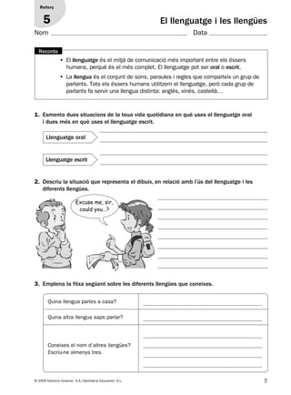 7© 2009 Edicions Voramar, S.A./Santillana Educación, S.L.
1. Esmenta dues situacions de la teua vida quotidiana en què uses el llenguatge oral
i dues més en què uses el llenguatge escrit.
3. Emplena la fitxa següent sobre les diferents llengües que coneixes.
• El llenguatge és el mitjà de comunicació més important entre els éssers
humans, perquè és el més complet. El llenguatge pot ser oral o escrit.
• La llengua és el conjunt de sons, paraules i regles que comparteix un grup de
parlants. Tots els éssers humans utilitzem el llenguatge, però cada grup de
parlants fa servir una llengua distinta: anglés, xinés, castellà…
Recorda
Reforç
5 El llenguatge i les llengües
Llenguatge escrit
Llenguatge oral
2. Descriu la situació que representa el dibuix, en relació amb l’ús del llenguatge i les
diferents llengües.
Excuse me, sir,
could you…?
Quina llengua parles a casa?
Quina altra llengua saps parlar?
Coneixes el nom d’altres llengües?
Escriu-ne almenys tres.
Nom Data
131953 _ 0001-0112.indd 7 14/5/09 08:47:01
 