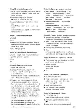 97© 2009 Edicions Voramar, S.A./Santillana Educación, S.L.
Reforç 22: La partició de paraules
1. car-ro; bos-sa; trin-quet; me-ra-ve-lla; jo-guet;
pi-nya; go-ril-la; to-nyi-na; cot-xe; fu-lla; gui-
tar-ra; mot-xi-lla
2. el comp-te; l’agu-lla; la parcel-la
■ l’ho-ra; la ico-na; els pas-sos
3. dues síl·labes: cau-reu; di-ürn; re-mei; in-
caut
tres síl·labes: qua-ran-ta; fa-e-na; ro-ï-na;
di-a-ri
quatre síl·labes: a-e-ro-port; en-vi-a-ment; his-
tò-ri-a; ci-èn-ci-a
Reforç 23: Paraules polisèmiques
1. 3; 1; 2
2. R.L.
3. terra: porció de terreny envoltada d’aigua.
terra: material de què està formada la part
sòlida de la Terra.
4. peu; mànega; goma
Reforç 24: Un conte amb dos personatges
1. humil – cregut; llest – ximple; treballador –
gandul; generós – agarrat
2. R.L.
3. R.L.
Reforç 25: Els pronoms personals
1. feble; fort; feble; fort
2. Jo no parle a la paret, et parle a tu.
A ella no li agrada aquest grup, però
a ell l’entusiasma.
Nosaltres durem l’arròs, vosaltres dureu la
carn i ells duran la verdura.
3. Si us dic que ma mare guanya diners
sense eixir de casa em direu mentider.
Però ma mare és dibuixant de còmics i té
un estudi al pis on vivim. Li agrada molt
la faena i sovint fa caricatures als meus
amics i els les regala. Per això els agrada
visitar-nos! Per a publicar els còmics,
ha d’escanejar-los i enviar-los per correu
electrònic. Què et pareix el treball de ma
mare?
1a persona singular: em; plural: -nos
2a persona singular: et; plural: us
3a persona singular: li; plural: els, les, -los
Reforç 26: Signes que tanquen enunciats
1. punt i seguit: … del Numància.; … de
l’equip.; … de la temporada.; … molt
sòlida.; … més emocions.; … molt difícils.
punt i a part: … al títol.; … europees.
punt final: … ben atents.
2. signes d’interrogació: … de Vinaròs?; …
m’ha sentit?
signes d’exclamació: … de Vinaròs!; …
d’arròs!; … no! Vinaròs!; … els dits!; Ahh!
■ punt i a part: … no tinc arròs.
punt i seguit: … no en fan.
Reforç 27: Paraules simples i paraules compostes
1. parafang; portaavions; netejavidres;
trencanous; guardaboscos; obrellandes
2. llevar + taps; portar + bicicletes; muntar
+ càrregues; parar + xocs; penjar + roba;
trencar + closques
3. paracaigudes; rentaplats; salvavides
4. R.M.
portaequipatges; portaavions; portallapis
guardaboscos; guardaagulles; guardacostes
Reforç 28: Contar una experiència personal
1. L’any passat vaig anar a esquiar i em vaig
sentir el més feliç del món.
2. passat; primera
el més feliç del món
sentir, feliç
3. R.L.
Reforç 29: El verb: arrel i desinències
1. es troba; era; és; rima
2. menj + aríem; sent + ies; express + em;
debat + eu; trenc + aren; don + eu;
corr + erem; prefer + isc
3. parle; batré; consentiria
4. R.M. cantem; cantí; cantaven
parlaràs; caminaràs; usaràs
Reforç 30: Paraules amb s sonora
1. 13; 15; 11; 12; 14
tretze; quinze; onze; dotze; catorze
2. zebra; casa; pinzell; tisores; rabosa
■ R.L.
3. casa; zona; alzina; onze; pesar; presó
131953 _ 0001-0112.indd 97 21/5/09 14:54:33
 