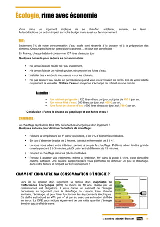 LE GUIDE DU LOGEMENT ÉTUDIANT - 17 -
Écologie, rime avec économie
Vivre dans un logement implique de se chauffer, s’éclairer, cuisiner, se laver…
Autant d’actions qui ont un impact sur votre budget mais aussi sur l’environnement.
EAU :
Seulement 7% de notre consommation d’eau totale sont réservés à la boisson et à la préparation des
aliments. Chacun peut faire un geste pour la planète… et pour son portefeuille !
En France, chaque habitant consomme 137 litres d’eau par jour.
Quelques conseils pour réduire sa consommation :
 Ne jamais laisser couler de l’eau inutilement,
 Ne jamais laisser un robinet goutter, et contrôler les fuites d’eau,
 Installer des « embouts mousseurs » sur les robinets,
 Ne pas laisser l’eau couler en permanence quand vous vous brossez les dents, lors de votre toilette
ou pendant la vaisselle : 9 litres d’eau en moyenne s’échappe du robinet en une minute.
Attention :
 Un robinet qui goutte : 120 litres d’eau par jour, soit plus de 100 € par an,
 Un mince filet d’eau : 380 litres par jour, soit 400 € par an,
 Une fuite de chasse d’eau : 600 litres d’eau par jour, soit 700 € par an.
Conclusion : Faites la chasse au gaspillage et aux fuites d’eau !
CHAUFFAGE :
Le chauffage représente 40 à 60% de la facture énergétique d’un logement !
Quelques astuces pour diminuer la facture de chauffage :
 Réduire la température de 1° dans vos pièces, c’est 7% d’économies réalisées.
 En cas d’absence de plus de 2 heures, baissez le thermostat de 3 à 4°.
 Lorsque vous aérez votre intérieur, pensez à couper le chauffage. Préférez aérer fenêtre grande
ouverte pendant 2 à 3 minutes, plutôt qu’un entrebâillement de 15 minutes.
 Coupez le chauffage dans les pièces inutilisées.
 Pensez à adapter vos vêtements, même à l’intérieur. 19° dans la pièce à vivre, c’est considéré
comme suffisant. Une couche supplémentaire vous permettra de diminuer un peu le chauffage,
donc votre facture et l’impact sur l’environnement !
COMMENT CONNAITRE MA CONSOMMATION D’ÉNERGIE ?
Lors de la location d’un logement, la remise d’un Diagnostic de
Performance Énergétique (DPE) de moins de 10 ans, réalisé par un
professionnel, est obligatoire. Il vous donne un estimatif de l’énergie
nécessaire au logement pour le chauffage, la cuisson, l’eau chaude
sanitaire, l’éclairage, et pour faire fonctionner les équipements électriques.
Ce chiffre est indiqué en kWh par m
2
et par an, avec une estimation chiffrée
en euros. Le DPE vous indique également ce que cette quantité d’énergie
émet en gaz à effet de serre.
195
 