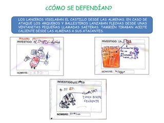 ¿CÓMO SE DEFENDÍAN?
LOS LANCEROS VIGILABAN EL CASTILLO DESDE LAS ALMENAS. EN CASO DE
ATAQUE LOS ARQUEROS Y BALLESTEROS LANZABAN FLECHAS DESDE UNAS
VENTANITAS PEQUEÑAS LLAMADAS SAETERAS. TAMBIÉN TIRABAN ACEITE
CALIENTE DESDE LAS ALMENAS A SUS ATACANTES.
 