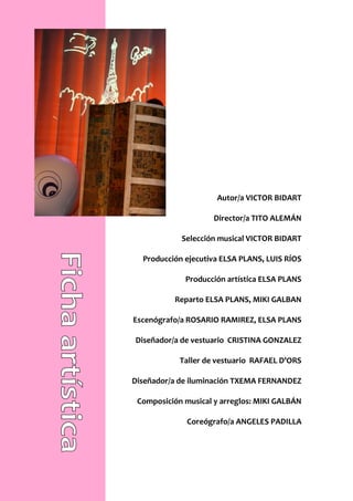 -   2010: “MALAVIDA”




                                           Autor/a VICTOR BIDART

                                           Director/a TITO ALEMÁN

                                  Selección musical VICTOR BIDART

                        Producción ejecutiva ELSA PLANS, LUIS RÍOS

                                   Producción artística ELSA PLANS

                                Reparto ELSA PLANS, MIKI GALBAN

                   Escenógrafo/a ROSARIO RAMIREZ, ELSA PLANS

                       Diseñador/a de vestuario CRISTINA GONZALEZ

                                  Taller de vestuario RAFAEL D’ORS

                   Diseñador/a de iluminación TXEMA FERNANDEZ

                       Composición musical y arreglos: MIKI GALBÁN

                                    Coreógrafo/a ANGELES PADILLA
 