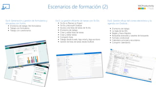 Escenarios de formación (2)
Esc4. Generación y gestión de formularios y
encuestas con Forms
▪ El entorno de trabajo. Mis formularios
▪ Trabajo con formularios
▪ Trabajo con cuestionarios
Esc6. Gestión eficaz del correo electrónico y la
agenda con Outlook…
▪ El entorno de trabajo
▪ La regla de las 4Ds
▪ Reglas y Pasos Rápidos
▪ Búsqueda avanzada y carpetas de búsqueda
▪ Formato condicional
▪ Calendario principal y secundarios
▪ Compartir calendarios
Esc5: La gestión eficiente de tareas con To-Do
▪ To-Do vs Planner vs Project
▪ To-Do y Microsoft Outlook
▪ Acceso a las listas de tareas de To-Do
▪ El entorno de trabajo
▪ Crear y editar listas de tareas
▪ Crear y editar tareas
▪ Compartir listas
▪ Trabajo desde la web, App móvil y App escritorio
▪ Gestión de listas de tareas desde Outlook
 