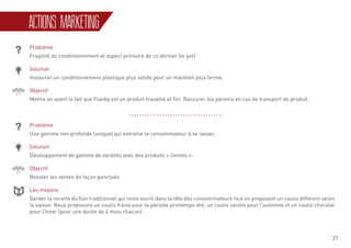 37
ACTIONS MARKETING
Problème
Fragilité du conditionnement et aspect primaire de ce dernier (le pot).
Solution
Instaurer un conditionnement plastique plus solide pour un maintien plus ferme.
Objectif
Mettre en avant le fait que Flanby est un produit travaillé et fini. Rassurer les parents en cas de transport de produit.
Problème
Une gamme non profonde (unique) qui entraîne le consommateur à se lasser.
Solution
Développement de gamme de variétés avec des produits « limités ».
Objectif
Booster les ventes de façon ponctuée.
Les moyens
Garder la recette du flan traditionnel qui reste ancré dans la tête des consommateurs tout en proposant un coulis différent selon
la saison. Nous proposons un coulis fraise pour la période printemps-été, un coulis vanille pour l’automne et un coulis chocolat
pour l’hiver (pour une durée de 2 mois chacun).
 