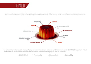 7
LE PRODUIT
Le fameux flanby est en réalité un flan goût vanille, nappé caramel, de 100 grammes unitairement. Sa composition est la suivante :
Le flan commercialisé sous la marque Flanby est recommandé dans 6 menus sur 20 minimums par le GEMRCN (Groupement d’Étude
des Marchés en Restauration Collective et de Nutrition). Ses valeurs énergétiques sont les suivantes :
• 425Kj (100Kcal) • Protéines 3g • Lipides 0,8g• Glucides 20,2g
 