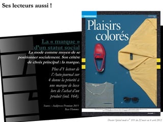 Ses lecteurs aussi !




                  La « marque »
               d’un statut social
            La mode comme moyen de se
      positionner socialement. Son critère
            de choix principal : la marque.
                            Plus d’1 lecteur de
                            l’Auto-journal sur
                         4 donne la priorité à
                          une marque de luxe
                           lors de l’achat d’un
                          produit (ind. 164).

                     Source : Audipresse Premium 2011
                                          Base Hommes


                                                        Dossier Spécial mode n°851 du 22 mars au 4 avril 2012
 