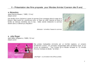 II – Présentation des films proposés pour Mondes Animés II (version dès 6 ans)

    Attraction
Alexei Demine (Russie / 1995 / 3 mn)
Dessin animé
Une famille d'ours s'acharne à gravir le sommet d'une montagne dans la neige et le
blizzard. Mais quand ils y parviennent enfin, la "ligne de crête" bascule et toute la
famille se retrouve entraînée vers le bas… Cette volonté d'atteindre le sommet
devient alors un délirant jeu d'équilibre !
                                                   
                                             
                                            
                                               Attraction : la famille à l'assaut du sommet
 
 
 
    Jolly Roger
Mark Baker (Angleterre /1998 /12 mn)
Dessin animé

                                        Des pirates impitoyables emmenés par un horrible capitaine, un corsaire
                                        terriblement couard, une princesse insupportable jetée par-dessus bord, et qui
                                        rumine sa vengeance…. Tout l’univers de la flibuste ramassé en 12 minutes
                                        d’humour loufoque et décalé, “so british…“

                                                                                        
                                                                                                          

                                         Jolly Roger : La princesse et les affreux pirates


                                                                                                                   5
 