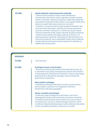 2N CURS

Gestió ambiental i desenvolupament sostenible
• Definició del concepte de residus sòlids. Identificació i
caracterització dels residus urbans, agrícoles, ramaders, forestals,
sanitaris, industrials i radioactius. Exposició i debat dels problemes
que presenta el tractament dels residus i la seva gestió. Anàlisi de la
producció i gestió dels residus urbans en una ciutat.
• Exposició i comprensió del concepte de gestió ambiental i dels
seus instruments. Descripció i aplicació de mesures preventives:
ús de les normatives i aplicació a un estudi de cas per avaluar
l’impacte ambiental. Anàlisi d’algun exemple de gestió ambiental.
• Valoració del conflicte entre alguns sistemes econòmics i el
desenvolupament sostenible. Caracterització dels trets bàsics de
l’educació ambiental i de la sostenibilitat. Anàlisi crítica d’algunes
cimeres internacionals sobre el desenvolupament sostenible i la
viabilitat dels acords presos.

GEOGRAFIA
1R CURS

• No s’esmenta

2N CURS

Continguts comuns a tots els blocs
• Presa de consciència del caràcter exhaurible dels recursos, de
la necessitat d’una producció respectuosa amb el medi ambient i
d’unes pautes de comportament individual i col∙lectiu responsable.
Apreciació de la diversitat de paisatges i de la necessitat de
gestionar-los i preservar-los.
Medi ambient i paisatges
• Identificació del paper dels factors naturals, socioeconòmics,
tècnics, polítics i culturals en la configuració, dinàmica i
transformació dels espais geogràfics.
Territori i activitats econòmiques
• Anàlisi del creixent protagonisme dels serveis i de la seva
heterogeneïtat. Valoració de la dimensió econòmica, ambiental
i d’impacte social del sector dels transports i les comunicacions
en la producció i el consum. Anàlisi del paper econòmic i de la
incidència mediambiental dels espais turístics. Valoració dels serveis
socials i les polítiques referides a l’educació i la sanitat.

16

 