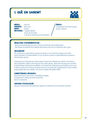 CM i CS
30 minuts
Classe
7 pòsters DIN A3
6 jocs de 19 cartes
1 joc de 9 cartes per al dinamitzador

Coneixement del medi natural
social i cultural.

- Associar els productes que han d’anar al contenidor del multiproducte.
- Reconèixer la diversitat de materials dels residus que van al contenidor blau i groc.

Per començar a jugar farem sis grups de quatre o cinc alumnes cadascun. A cada
grup li donarem un pòster DIN A3 i un joc de dinou cartes. Un pòster DIN A3 se’l queda el
dinamitzador del joc.
Cada grup ha d’agrupar les cartes segons el tipus de material que mostren: els diversos
tipus de plàstics, paper, cartró, llaunes, brics, vidre, rebuig... Quan tots els grups han acabat,
el dinamitzador ensenya el seu DINA3 i va mostrant les cartes de la seva baralla, una a una.
D’allà en surten els nou tipus de residus que van al contenidor multiproducte: cartró, metalls,
paper, plàstic film, brics, plàstic mixt, alumini, plàstic PET, plàstic PEAD.

Tractament de la informació i competència digital.
Coneixement i interacció amb el món físic.
Social i ciutadania.

Agrupar correctament els productes segons el material amb el qual estan produïts.

19

 