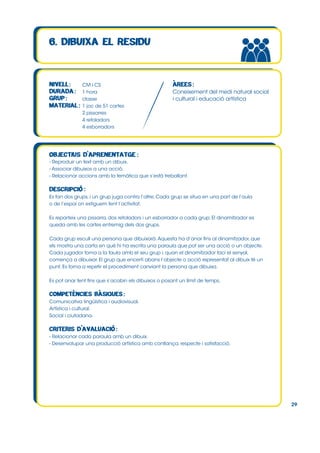 CM i CS
1 hora
classe
1 joc de 51 cartes
2 pissarres
4 retoladors
4 esborradors

Coneixement del medi natural social
i cultural i educació artística

- Reproduir un text amb un dibuix.
- Associar dibuixos a una acció.
- Relacionar accions amb la temàtica que s’està treballant.

Es fan dos grups, i un grup juga contra l’altre. Cada grup se situa en una part de l’aula
o de l’espai on estiguem fent l’activitat.
Es reparteix una pissarra, dos retoladors i un esborrador a cada grup. El dinamitzador es
queda amb les cartes entremig dels dos grups.
Cada grup escull una persona que dibuixarà. Aquesta ha d’anar fins al dinamitzador, que
els mostra una carta en què hi ha escrita una paraula que pot ser una acció o un objecte.
Cada jugador torna a la taula amb el seu grup i, quan el dinamitzador faci el senyal,
comença a dibuixar. El grup que encerti abans l’objecte o acció representat al dibuix té un
punt. Es torna a repetir el procediment canviant la persona que dibuixa.
Es pot anar fent fins que s’acabin els dibuixos o posant un límit de temps.

Comunicativa lingüística i audiovisual.
Artística i cultural.
Social i ciutadana.

- Relacionar cada paraula amb un dibuix.
- Desenvolupar una producció artística amb confiança, respecte i satisfacció.

29

 