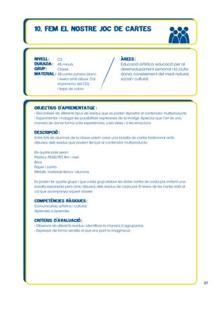 CS
45 minuts
Classe
48 cartes (anvers blanc
i revers amb dibuix. Cal
imprimir-ho del CD)
i llapis de colors

Educació artística, educació per al
desenvolupament personal i la ciutadania, coneixement del medi natural,
social i cultural.

- Reconèixer els diferents tipus de residus que es poden dipositar al contenidor multiproducte.
- Experimentar i indagar les possibilitats expressives de la imatge. Apreciar que l’art és una
manera de donar forma a les experiències, a les idees i a les emocions.

Entre tots els alumnes de la classe volem crear una baralla de cartes tradicional amb
dibuixos dels residus que podem llençar al contenidor multiproducte.
Els quatre pals seran:
Plàstics: PEAD, PET, film i mixt.
Brics
Paper i cartró.
Metalls: materials fèrrics i aluminis.
Es poden fer quatre grups i que cada grup elabori les dotze cartes de cada pal, imitant una
baralla espanyola però amb dibuixos dels residus de cada pal. El revers de les cartes està al
cd que acompanya aquest dossier.

Comunicativa artística i cultural
Aprendre a aprendre

- Observar els diferents residus i identificar la manera d’agrupar-los.
- Expressar de forma senzilla el que ens porti la imaginació.

37

 