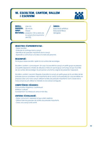 CM i CS
20 minuts
Classe
projector i CD. La lletra de
la cançó (Cal imprimir-ho
del CD)

Educació artística
Educació física
Llengües

- Saber escoltar.
- Entendre el contingut de la cançó.
- Identificar les paraules importants de la cançó.
- Aprendre a comunicar una idea a la resta de persones.

Tot el grup classe escolta i aprèn la «La rumba del reciclatge».
Escoltem, cantem i comuniquem. Un cop s’ha escoltat la cançó, en petits grups es prepara
una petita exposició a través de dibuixos o fotos en què el grup comuniqui el que ha entès
de «La rumba del reciclatge». Es pot pensar una forma original de presentar l’exposició.
Escoltem, cantem i escrivim. Després d’escoltar la cançó, en petits grups es fa una llista de les
paraules que es consideren més importants de la cançó (vuit paraules).Un cop escollides, es
proposa crear una nova cançó utilitzant la llista de paraules importants. Com a base de la
nova cançó es pot utilitzar la melodia d’una cançó coneguda.

Comunicativa lingüística i audiovisual.
Artística i cultural.
Coneixement i la interacció amb el món físic.

- Saber comunicar i expressar el que volem explicar.
- Utilitzar totes les paraules de la llista de paraules importants.
- Crear una cançó amb sentit.

53

 