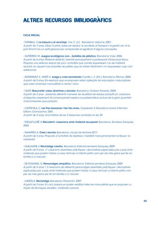 CICLE INICIAL
- TURNBULL, S. La basura y el reciclaje. Fox, C. (il.). Barcelona: Usborne, 2007.
A partir de 7 anys. Llibre il∙lustrat, sobre els residus: la recollida, el transport, la gestió, etc. A la
part final hi ha un petit glossari per comprendre el significat d’alguns conceptes.
- GUTIÉRREZ, M. Juegos ecológicos con... botellas de plástico. Barcelona: Inde, 2006.
A partir de 6 anys. Material didàctic orientat principalment a professorat d’Educació física.
Proposa una extensa relació de jocs i activitats que només requereixen l’ús de material
reciclat, en aquest cas ampolles de plàstic que es troben fàcilment i no requereixen cap cost
addicional.
- AGRAMUNT, X.; MARÍ, H. Juega y crea reciclando. Carrillo, L. E. (fot.). Barcelona: Monsa, 2004.
A partir de 5 anys. Els exercicis que es proposen estan adreçats als educadors i educadores
que volen ensenyar manualitats a nenes i nens.
- GUSTI. Basur-arte: crear, divertirse y reciclar. Barcelona: Océano Travesía, 2009.
A partir de 3 anys . presenta diferents maneres de reutilitzar els residus produïts en creacions
d’objectes sorprenent. Al començament explica la problemàtica actual de la gran quantitat
d’escombraries que produïm.
- CAPDEVILA, C. Les Tres bessones i les tres erres. Capdevila, R. Barcelona: Icaria, Intermón
Oxfam, Cromosoma, 2001.
A partir de 4 anys. Una història de les 3 bessones centrada en les 3R.
- THEULET-LUZIÉ, B. Reciclem!: creacions amb material recuperat. Barcelona: Zendrera Zariquiey,
2003.
- NAVARRO, A. Crea i recicla. Barcelona: circulo de lectores,2011.
A partir de 5 anys. Proposta d’activitats de destresa i habilitat manual fomentant el lleure i la
creativitat.
- GUILLAUME,V. Reciclatge creatiu. Barcelona: Editorial zendrera Zariquiey, 2009.
A partir de 5 anys. 11 creacions divertides, pràctiques i decoratives explicades pas a pas amb
materials que podem trobar a casa, tant per a infants petits com per als més grans per fer en
família o a l’escola.
- DE ROSAMEL, G. Personatges simpàtics. Barcelona: Editorial zendrera Zariquiey, 2009.
A partir de 5 anys.1 2 creacions de diferents personatges divertides, pràctiques i decoratives
explicades pas a pas amb materials que podem trobar a casa, tant per a infants petits com
per als més grans per fer en família o a l’escola.
- LLIMÓS,A. Reciclatge. Barcelona: Parramón, 2007.
A partir de 5 anys. En cinc passos es poden realitzar totes les manualitats que es proposen, a
través de tècniques senzilles i materials comuns.

65

 