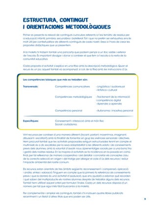 Primer es presenta la relació de continguts curriculars referents a l’eix temàtic de residus per
a educació infantil, primària, secundària i batxillerat. Tot i que no pretén ser exhaustiva, ens és
molt útil per contextualitzar els diferents continguts de cada nivell i àrea a l’hora de crear les
propostes didàctiques que us presentem.
A la maleta hi trobem també una pancarta que podrem penjar a un lloc visible i exterior
de l’escola. És important divulgar i donar a conèixer el que fem a l’escola a la resta de la
comunitat educativa.
Cada proposta d’activitat s’explica en una fitxa amb la descripció metodològica. Quan el
recurs és un joc aquest també va acompanyat, si cal, de la fitxa amb les instruccions d’ús.

Les competències bàsiques que més es treballen són:
Transversals:

- Lingüística i audiovisual
- Artística i cultural

Competències metodològiques

- Tractament de la informació
i competència digital
- Aprendre a aprendre

Competència personal

Específiques:

Competències comunicatives

- Autonomia i iniciativa personal

Coneixement i interacció amb el món físic
Social i ciutadania

Vint recursos per conèixer d’una manera diferent (tocant, parlant, movent-nos, imaginant,
dibuixant i escoltant) amb la finalitat de fomentar en grup les vivències sensorials i afectives.
Hem procurat també que les activitats proposades estiguin estructurades tenint en compte el
multinivell, és a dir, escollides per la seva adaptabilitat a les diferents edats i als coneixements
previs dels alumnes, amb la voluntat d’assolir nous aprenentatges socials per a una bona tria
i gestió dels nostres residus. En la majoria d’activitats es fa incidència en la posada en comú
final, per tal reflexionar de manera cooperativa i així detallar i concretar els conceptes clau
de la correcta selecció en origen i del triatge per allargar el cicle d’ús dels recursos i reduir
l’impacte ambiental del nostre consum.
Els recursos estan orientats als tres àmbits següents: reconeixement i comprensió, aplicació
i anàlisi, síntesi i valoració. Tinguem en compte que la primera fa referència als coneixements
previs i que la darrera és una activitat d’avaluació, que ens ajudarà a esbrinar què recorden
i què saben del multiproducte els nostres alumnes després de treballar alguns dels recursos.
També hem utilitzat aquest criteri per formular l’índex. Cada un dels recursos disposa d’un
número per tal que sigui més fàcil buscar-los a la maleta.
Per complementar i ampliar els continguts, també s’hi inclouen quatre llibres publicats
recentment i un llistat d’altres títols que ens poden ser útils.

9

 