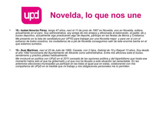 Novelda, lo que nos une
• 18.- Isabel Amorós Pérez, tengo 47 años, nací el 11 de junio de 1967 en Novelda, vivo en Novelda, soltera,
actualmente en el paro. Soy administrativa, soy amiga de mis amigos y aficionada al baloncesto, al padel, ski y
buceo deportivo, actualmente sigo practicando algo de deporte, participo en las fiestas de Moros y Cristianos.
Me presento en la lista de candidatura por UPYD para trabajar por una Novelda mejor y para ver si con el
esfuerzo de todos nosotros, los ciudadanos de a pié de Novelda conseguimos salir de este enorme bache en el
que estamos sumidos.
• 19.- Susi Martínez, nací el 20 de Julio de 1969. Casada, con 2 hijos, Gabriel de 19 y Raquel 13 años. Soy desde
el año 1992 funcionaria del Ayuntamiento de Alicante como administrativa. Entre mis aficiones está el buceo,
senderismo y practico pilates habitualmente.
Me involucré en política con UPyD en el 2011 cansada de las opciones política y del bipartidismo que hasta ese
momento había sido el que ha gobernado y el que nos ha llevado a esta situación tan lamentable. En las
anteriores elecciones municipales ya participé en las listas al igual que en estas, colaborando con mis
compañeros de UPyD en la medida que mi trabajo y mis obligaciones personales me lo permiten.
 