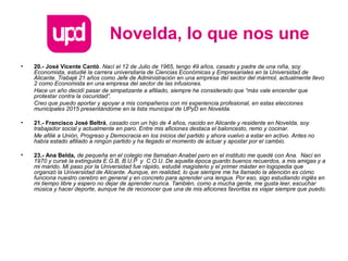 Novelda, lo que nos une
• 20.- José Vicente Cantó. Nací el 12 de Julio de 1965, tengo 49 años, casado y padre de una niña, soy
Economista, estudié la carrera universitaria de Ciencias Económicas y Empresariales en la Universidad de
Alicante. Trabajé 21 años como Jefe de Administración en una empresa del sector del mármol, actualmente llevo
2 como Economista en una empresa del sector de las infusiones.
Hace un año decidí pasar de simpatizante a afiliado, siempre he considerado que “más vale encender que
protestar contra la oscuridad”.
Creo que puedo aportar y apoyar a mis compañeros con mi experiencia profesional, en estas elecciones
municipales 2015 presentándome en la lista municipal de UPyD en Novelda.
• 21.- Francisco José Beltrá, casado con un hijo de 4 años, nacido en Alicante y residente en Novelda, soy
trabajador social y actualmente en paro. Entre mis aficiones destaca el baloncesto, remo y cocinar.
Me afilié a Unión, Progreso y Democracia en los inicios del partido y ahora vuelvo a estar en activo. Antes no
había estado afiliado a ningún partido y ha llegado el momento de actuar y apostar por el cambio.
• 23.- Ana Belda, de pequeña en el colegio me llamaban Anabel pero en el instituto me quedé con Ana. Nací en
1970 y cursé la extinguida E.G.B, B.U.P y C.O.U. De aquella época guardo buenos recuerdos, a mis amigas y a
mi marido. Mi paso por la Universidad fue rápido, estudié magisterio y el primer máster en logopedia que
organizó la Universidad de Alicante. Aunque, en realidad, lo que siempre me ha llamado la atención es cómo
funciona nuestro cerebro en general y en concreto para aprender una lengua. Por eso, sigo estudiando inglés en
mi tiempo libre y espero no dejar de aprender nunca. También, como a mucha gente, me gusta leer, escuchar
música y hacer deporte, aunque he de reconocer que una de mis aficiones favoritas es viajar siempre que puedo.
 