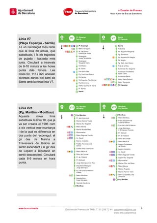 » Dossier de Premsa
                                                                        Nova Xarxa de Bus de Barcelona




Línia V7
(Plaça Espanya - Sarrià)
Té un recorregut més recte
que la línia 30 actual, que
substitueix, i fa els trajectes
de pujada i baixada més
junts. Circularà a intervals
de 8-10 minuts a les hores
punta dels feiners. Les
línies 50, 115 i D20 uneixen
diverses zones del barri de
Sants amb la nova línia V7.




Línia V21
(Pg. Marítim - Montbau)
Aquesta        nova       línia
substitueix la línia 10, que ja
va ser creada el 1996 com
a eix vertical mar-muntanya
i de la qual es diferencia en
dos punts del recorregut: el
gir des de Marina a
Travessera de Gràcia en
sentit ascendent i el gir des
de Lepant a Diputació en
sentit descendent. Circularà
cada 8-9 minuts en hora
punta.




www.bcn.cat/media                                                                                    5
                                  Gabinet de Premsa de TMB. T. 93 298 72 44. gabpremsa@tmb.cat
                                                                             www.tmb.cat/premsa
 
