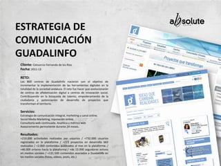 ESTRATEGIA DE
COMUNICACIÓN
GUADALINFO
Cliente: Consorcio Fernando de los Ríos
Fecha: 2011-13
RETO:
Los 800 centros de Guadalinfo nacieron con el objetivo de
incrementar la implementación de las herramientas digitales en la
totalidad de la sociedad andaluza. El reto fue hacer que evolucionarán
de centros de alfabetización digital a centros de innovación social.
Contribuyendo en la búsqueda de talento, empoderamiento de la
ciudadanía y potenciación de desarrollo de proyectos que
transforman el territorio.
Servicios:
Estrategia de comunicación integral, marketing y canal online.
Social Media Marketing, reputación online.
Consultoría web continuada. Analítica y métrica web
Asesoramiento permanente durante 24 meses.
Resultados:
+210.000 actividades realizadas por usuarios / +732.000 usuarios
registrados en la plataforma / +223 proyectos en desarrollo 663
realizados / +2.000 contenidos publicados al mes en la plataforma. /
+46.000 enlaces hacia la plataforma / +de 15.000 seguidores activos
en medios sociales / +131.500 contenidos asociados a Guadalinfo en
los medios sociales (fotos, vídeos, posts, etc.)
 