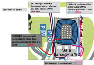 Entrada de les escoles
AV. DE
L’ESTADI
AV. DE
L’ESTADI
ENTRADA per les taquilles
de l’ESTADI OLÍMPIC:
alumnat que balla a la zona
ATZUR FÚCSIA
ENTRADA per l’Institut
Barcelona Esports : alumnat
que balla a la zona MARÍ
BURDEOS
ENTRADA per caseta de
seguretat del Palau Sant
Jordi: alumnat que balla a la
zona TURQUESA CIRERA
ENTRADA per la porta central CELi ROSA
 