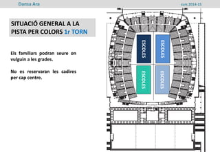 SITUACIÓ GENERAL A LA
PISTA PER COLORS 1r TORN
AV. DE
L’ESTADI
AV. DE
L’ESTADI
ESCOLESESCOLES
ESCOLESESCOLES
ESCOLESESCOLES
ESCOLESESCOLES
Els familiars podran seure on
vulguin a les grades.
No es reservaran les cadires
per cap centre.
Dansa Ara curs 2014-15
 