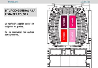 SITUACIÓ GENERAL A LA
PISTA PER COLORS
AV. DE
L’ESTADI
AV. DE
L’ESTADI
ESCOLESESCOLES
ESCOLESESCOLES
ESCOLESESCOLES
ESCOLESESCOLES
Els familiars podran seure on
vulguin a les grades.
No es reservaran les cadires
per cap centre.
Dansa Ara curs 2014-15
 