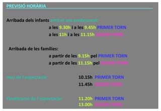 AV. DE
L’ESTADI
AV. DE
L’ESTADI
PREVISIÓ HORÀRIA
Arribada dels infants amb el seu professorat:
a les 9.30h i a les 9.45h PRIMER TORN
a les 11h i a les 11.15h SEGON TORN
Arribada de les famílies:
a partir de les 9.15h pel PRIMER TORN
a partir de les 11.15h pel SEGON TORN
Inici de l’espectacle: 10.15h PRIMER TORN
11.45h SEGON TORN
Finalització de l’espectacle: 11.20h PRIMER TORN
13.00h SEGON TORN
 