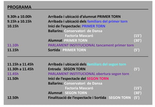 PROGRAMA
9.30h a 10.00h Arribada i ubicació d’alumnat PRIMER TORN
9.15h a 10.15h Arribada i ubicació dels familiars del primer torn
10.15h Inici de l’espectacle: PRIMER TORN
Ballarins: Conservatori de Dansa
Factoria Mascaró (15’)
Alumnat PRIMER TORN (30’)
11.10h PARLAMENT INSTITUCIONAL tancament primer torn
11.15h Sortida PRIMER TORN (5’)
11.15h a 11.45h Arribada i ubicació dels familiars del segon torn
11.30h a 11.45h Entrada SEGON TORN (5’)
11.45h PARLAMENT INSTITUCIONAL obertura segon torn
11.50h Inici de l’espectacle del SEGON TORN
Ballarins: Conservatori de Dansa
Factoria Mascaró (15’)
Alumnat SEGON TORN (30’)
12.50h Finalització de l’espectacle i Sortida SEGON TORN (5’)
 