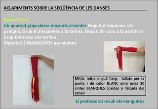 AV. DE
L’ESTADI
AV. DE
L’ESTADI
ACLARIMENTS SOBRE LA SEQÜÈNCIA DE LES DANSES
Dansa Russa
Un quadrat grup classe encarats al centre Grup A d’esquenes a la
pantalla, Grup B d’esquenes a la tarima, Grup C de cara a la pantalla i
Grup D de cara a la tarima
Material: 2 MANGUITOS per alumne
El professorat recull els manguitos
Mitjó, mitja o guà llarg, tallats per la
punta i de color BLANC amb unes 20
cintes BLANQUES cosides a l’alçada del
canell
 