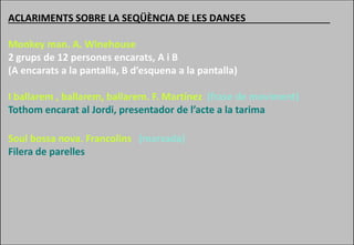 AV. DE
L’ESTADI
AV. DE
L’ESTADI
ACLARIMENTS SOBRE LA SEQÜÈNCIA DE LES DANSES
Monkey man. A. Winehouse
2 grups de 12 persones encarats, A i B
(A encarats a la pantalla, B d’esquena a la pantalla)
I ballarem , ballarem, ballarem. F. Martínez (frase de moviment)
Tothom encarat al Jordi, presentador de l’acte a la tarima
Soul bossa nova. Francolins (marxada)
Filera de parelles
 