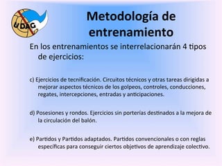 Metodología	
  de	
  
                                  entrenamiento	
  
En	
  los	
  entrenamientos	
  se	
  interrelacionarán	
  4	
  0pos	
  
     de	
  ejercicios:	
  	
  
	
  
c)	
  Ejercicios	
  de	
  tecniﬁcación.	
  Circuitos	
  técnicos	
  y	
  otras	
  tareas	
  dirigidas	
  a	
  
       mejorar	
  aspectos	
  técnicos	
  de	
  los	
  golpeos,	
  controles,	
  conducciones,	
  
       regates,	
  intercepciones,	
  entradas	
  y	
  an0cipaciones.	
  
	
  
d)	
  Posesiones	
  y	
  rondos.	
  Ejercicios	
  sin	
  porterías	
  des0nados	
  a	
  la	
  mejora	
  de	
  
       la	
  circulación	
  del	
  balón.	
  
	
  
e)	
  Par0dos	
  y	
  Par0dos	
  adaptados.	
  Par0dos	
  convencionales	
  o	
  con	
  reglas	
  
       especíﬁcas	
  para	
  conseguir	
  ciertos	
  obje0vos	
  de	
  aprendizaje	
  colec0vo.	
  
	
  
 