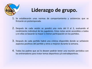 Liderazgo	
  de	
  grupo.	
  
       1.  Se	
   establecerán	
   unas	
   normas	
   de	
   comportamiento	
   y	
   asistencias	
   que	
   se	
  
            ﬁrmarán	
  en	
  pretemporada.	
  	
  


       2.  Después	
   de	
   cada	
   sesión	
   se	
   pondrá	
   una	
   nota	
   del	
   0	
   al	
   3,	
   evaluando	
   el	
  
            rendimiento	
  individual	
  de	
  los	
  jugadores.	
  Estas	
  notas	
  serán	
  accesibles	
  a	
  todos	
  
            y	
  en	
  ellas	
  se	
  basarán	
  la	
  mayor	
  o	
  menor	
  par0cipación	
  en	
  los	
  par0dos.	
  


       3.  Después	
   de	
   cada	
   par0do	
   habrá	
   una	
   crónica	
   disponible	
   donde	
   se	
   señalarán	
  
            aspectos	
  posi0vos	
  del	
  par0do	
  y	
  otros	
  a	
  mejorar	
  durante	
  la	
  semana.	
  


       4.  Todos	
  los	
  padres	
  que	
  así	
  lo	
  deseen	
  podrán	
  tener	
  una	
  reunión	
  periódica	
  con	
  
            los	
  entrenadores	
  para	
  tratar	
  temas	
  depor0vos	
  y/o	
  extradepor0vos.	
  
	
  
	
  
 