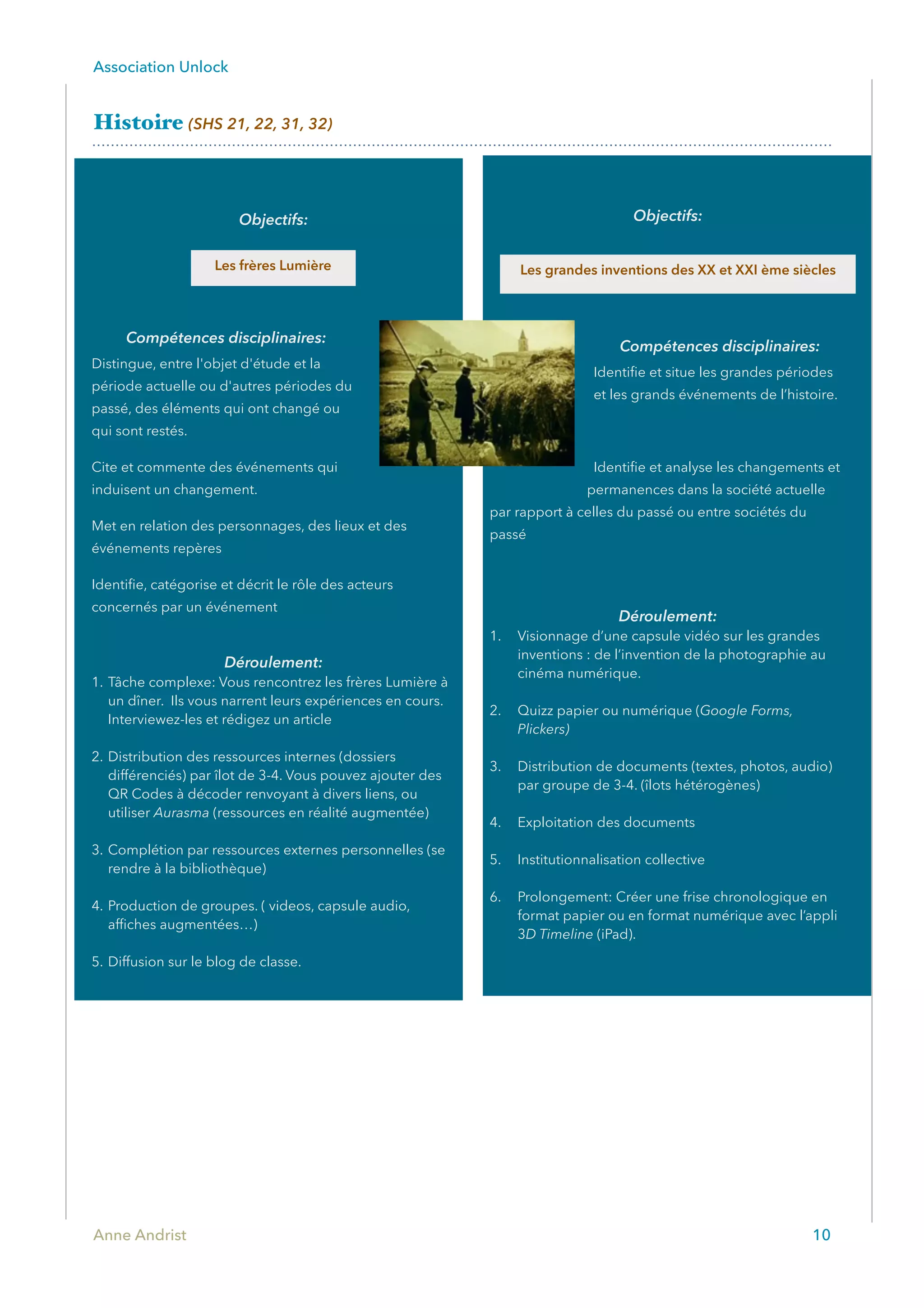 Association Unlock
Histoire (SHS 21, 22, 31, 32)
Anne Andrist 10
Objectifs:
Compétences disciplinaires:
Distingue, entre l'objet d'étude et la
période actuelle ou d'autres périodes du
passé, des éléments qui ont changé ou
qui sont restés.
Cite et commente des événements qui
induisent un changement.
Met en relation des personnages, des lieux et des
événements repères
Identiﬁe, catégorise et décrit le rôle des acteurs
concernés par un événement
Déroulement:
1. Tâche complexe: Vous rencontrez les frères Lumière à
un dîner. Ils vous narrent leurs expériences en cours.
Interviewez-les et rédigez un article
2. Distribution des ressources internes (dossiers
différenciés) par îlot de 3-4. Vous pouvez ajouter des
QR Codes à décoder renvoyant à divers liens, ou
utiliser Aurasma (ressources en réalité augmentée)
3. Complétion par ressources externes personnelles (se
rendre à la bibliothèque)
4. Production de groupes. ( videos, capsule audio,
afﬁches augmentées…)
5. Diffusion sur le blog de classe.
Objectifs:
Compétences disciplinaires:
Identiﬁe et situe les grandes périodes
et les grands événements de l’histoire.
Identiﬁe et analyse les changements et
permanences dans la société actuelle
par rapport à celles du passé ou entre sociétés du
passé
Déroulement:
1. Visionnage d’une capsule vidéo sur les grandes
inventions : de l’invention de la photographie au
cinéma numérique.
2. Quizz papier ou numérique (Google Forms,
Plickers)
3. Distribution de documents (textes, photos, audio)
par groupe de 3-4. (îlots hétérogènes)
4. Exploitation des documents
5. Institutionnalisation collective
6. Prolongement: Créer une frise chronologique en
format papier ou en format numérique avec l’appli
3D Timeline (iPad).
Les frères Lumière Les grandes inventions des XX et XXI ème siècles
 