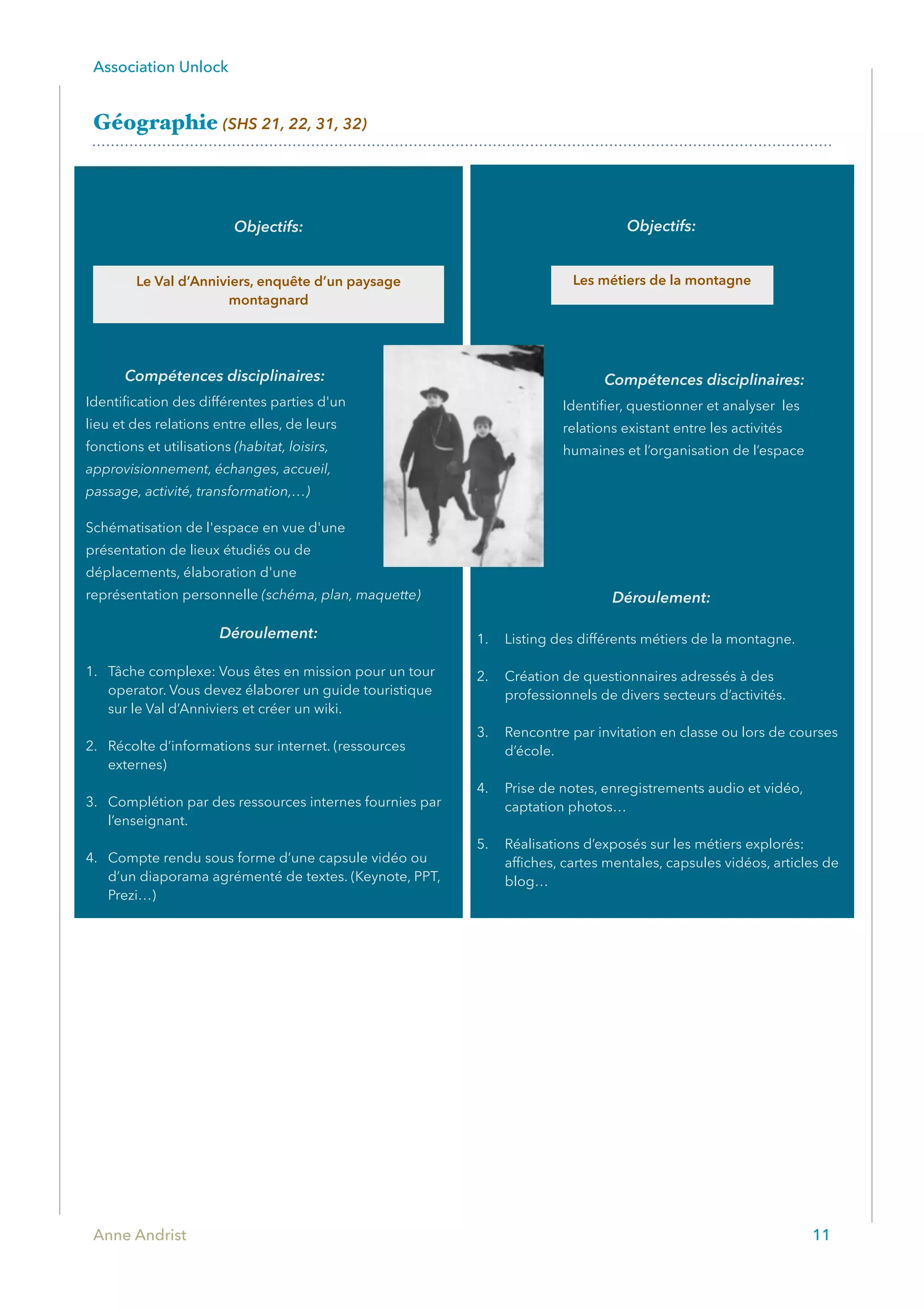 Association Unlock
Géographie (SHS 21, 22, 31, 32)
Anne Andrist 11
Objectifs:
Compétences disciplinaires:
Identiﬁcation des différentes parties d'un
lieu et des relations entre elles, de leurs
fonctions et utilisations (habitat, loisirs,
approvisionnement, échanges, accueil,
passage, activité, transformation,…)
Schématisation de l'espace en vue d'une
présentation de lieux étudiés ou de
déplacements, élaboration d'une
représentation personnelle (schéma, plan, maquette)
Déroulement:
1. Tâche complexe: Vous êtes en mission pour un tour
operator. Vous devez élaborer un guide touristique
sur le Val d’Anniviers et créer un wiki.
2. Récolte d’informations sur internet. (ressources
externes)
3. Complétion par des ressources internes fournies par
l’enseignant.
4. Compte rendu sous forme d’une capsule vidéo ou
d’un diaporama agrémenté de textes. (Keynote, PPT,
Prezi…)
Objectifs:
Compétences disciplinaires:
Identiﬁer, questionner et analyser les
relations existant entre les activités
humaines et l’organisation de l’espace
Déroulement:
1. Listing des différents métiers de la montagne.
2. Création de questionnaires adressés à des
professionnels de divers secteurs d’activités.
3. Rencontre par invitation en classe ou lors de courses
d’école.
4. Prise de notes, enregistrements audio et vidéo,
captation photos…
5. Réalisations d’exposés sur les métiers explorés:
afﬁches, cartes mentales, capsules vidéos, articles de
blog…
Le Val d’Anniviers, enquête d’un paysage
montagnard
Les métiers de la montagne
 