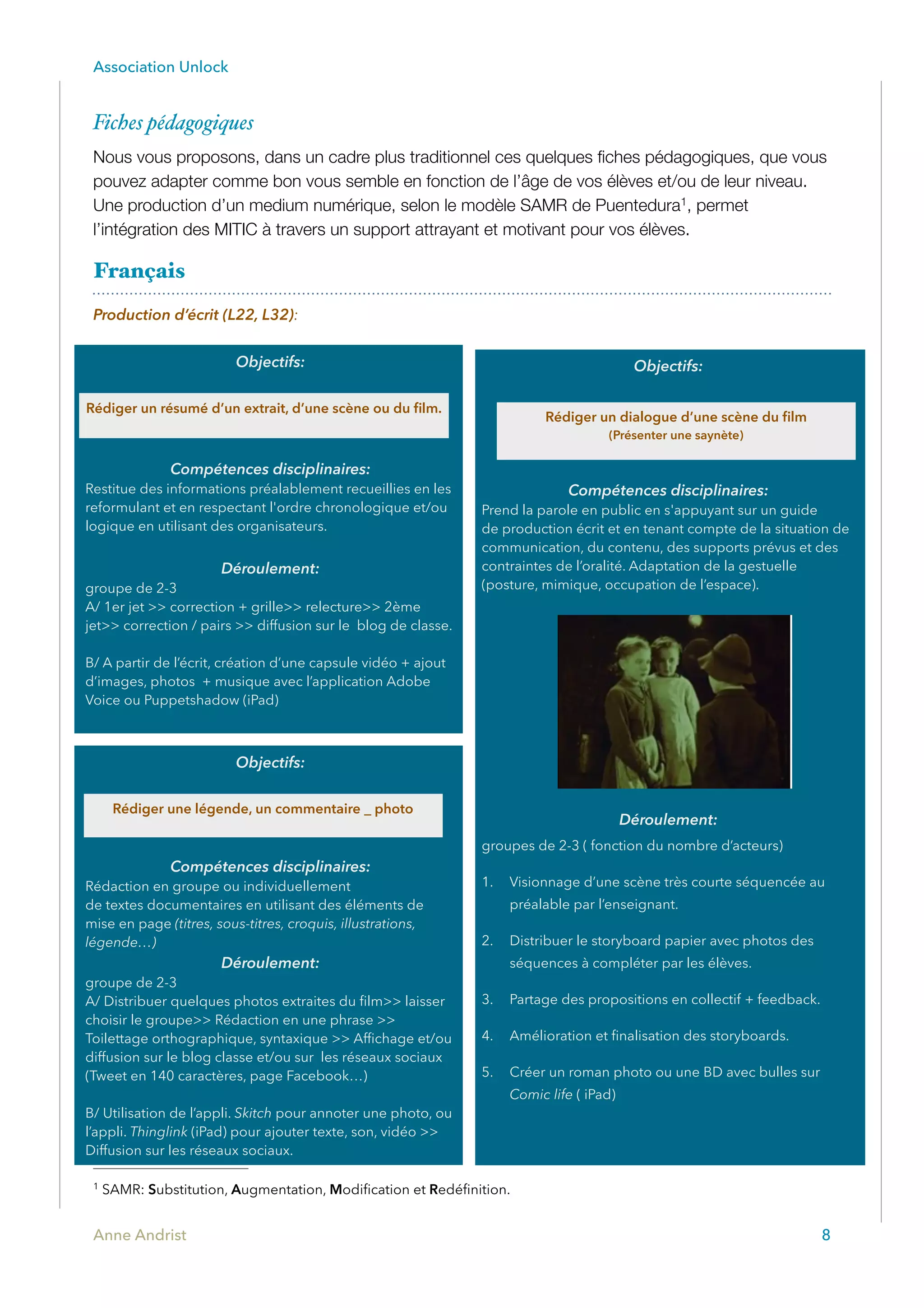 Association Unlock
Fiches pédagogiques
Nous vous proposons, dans un cadre plus traditionnel ces quelques ﬁches pédagogiques, que vous
pouvez adapter comme bon vous semble en fonction de l’âge de vos élèves et/ou de leur niveau.
Une production d’un medium numérique, selon le modèle SAMR de Puentedura , permet1
l’intégration des MITIC à travers un support attrayant et motivant pour vos élèves.
Français
Production d’écrit (L22, L32):
SAMR: Substitution, Augmentation, Modiﬁcation et Redéﬁnition.1
Anne Andrist 8
Objectifs:
Compétences disciplinaires:
Restitue des informations préalablement recueillies en les
reformulant et en respectant l'ordre chronologique et/ou
logique en utilisant des organisateurs.
Déroulement:
groupe de 2-3
A/ 1er jet >> correction + grille>> relecture>> 2ème
jet>> correction / pairs >> diffusion sur le blog de classe.
B/ A partir de l’écrit, création d’une capsule vidéo + ajout
d’images, photos + musique avec l’application Adobe
Voice ou Puppetshadow (iPad)
Objectifs:
Compétences disciplinaires:
Prend la parole en public en s'appuyant sur un guide
de production écrit et en tenant compte de la situation de
communication, du contenu, des supports prévus et des
contraintes de l’oralité. Adaptation de la gestuelle
(posture, mimique, occupation de l’espace).
Déroulement:
groupes de 2-3 ( fonction du nombre d’acteurs)
1. Visionnage d’une scène très courte séquencée au
préalable par l’enseignant.
2. Distribuer le storyboard papier avec photos des
séquences à compléter par les élèves.
3. Partage des propositions en collectif + feedback.
4. Amélioration et ﬁnalisation des storyboards.
5. Créer un roman photo ou une BD avec bulles sur
Comic life ( iPad)
Objectifs:
Compétences disciplinaires:
Rédaction en groupe ou individuellement
de textes documentaires en utilisant des éléments de
mise en page (titres, sous-titres, croquis, illustrations,
légende…)
Déroulement:
groupe de 2-3
A/ Distribuer quelques photos extraites du ﬁlm>> laisser
choisir le groupe>> Rédaction en une phrase >>
Toilettage orthographique, syntaxique >> Afﬁchage et/ou
diffusion sur le blog classe et/ou sur les réseaux sociaux
(Tweet en 140 caractères, page Facebook…)
B/ Utilisation de l’appli. Skitch pour annoter une photo, ou
l’appli. Thinglink (iPad) pour ajouter texte, son, vidéo >>
Diffusion sur les réseaux sociaux.
Rédiger une légende, un commentaire _ photo
Rédiger un dialogue d’une scène du ﬁlm
(Présenter une saynète)
Rédiger un résumé d’un extrait, d’une scène ou du ﬁlm.
 