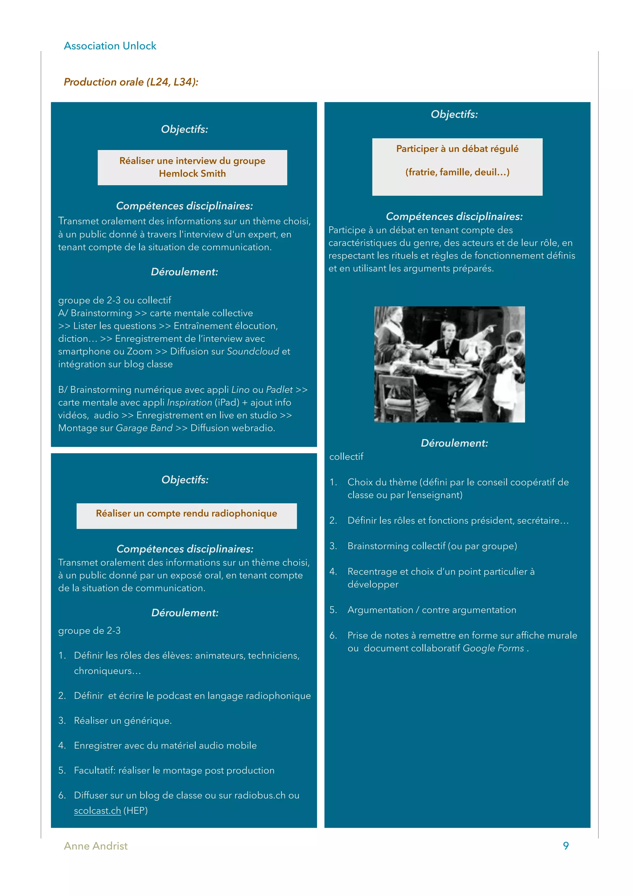 Association Unlock
Production orale (L24, L34):  
Anne Andrist 9
Objectifs:
Compétences disciplinaires:
Transmet oralement des informations sur un thème choisi,
à un public donné à travers l'interview d'un expert, en
tenant compte de la situation de communication.
Déroulement:
groupe de 2-3 ou collectif
A/ Brainstorming >> carte mentale collective
>> Lister les questions >> Entraînement élocution,
diction… >> Enregistrement de l’interview avec
smartphone ou Zoom >> Diffusion sur Soundcloud et
intégration sur blog classe
B/ Brainstorming numérique avec appli Lino ou Padlet >>
carte mentale avec appli Inspiration (iPad) + ajout info
vidéos, audio >> Enregistrement en live en studio >>
Montage sur Garage Band >> Diffusion webradio.
Objectifs:
Compétences disciplinaires:
Participe à un débat en tenant compte des
caractéristiques du genre, des acteurs et de leur rôle, en
respectant les rituels et règles de fonctionnement déﬁnis
et en utilisant les arguments préparés.
Déroulement:
collectif
1. Choix du thème (déﬁni par le conseil coopératif de
classe ou par l’enseignant)
2. Déﬁnir les rôles et fonctions président, secrétaire…
3. Brainstorming collectif (ou par groupe)
4. Recentrage et choix d’un point particulier à
développer
5. Argumentation / contre argumentation
6. Prise de notes à remettre en forme sur afﬁche murale
ou document collaboratif Google Forms .
Objectifs:
Compétences disciplinaires:
Transmet oralement des informations sur un thème choisi,
à un public donné par un exposé oral, en tenant compte
de la situation de communication.
Déroulement:
groupe de 2-3
1. Déﬁnir les rôles des élèves: animateurs, techniciens,
chroniqueurs…
2. Déﬁnir et écrire le podcast en langage radiophonique
3. Réaliser un générique.
4. Enregistrer avec du matériel audio mobile
5. Facultatif: réaliser le montage post production
6. Diffuser sur un blog de classe ou sur radiobus.ch ou
scolcast.ch (HEP)
Réaliser un compte rendu radiophonique
Participer à un débat régulé
(fratrie, famille, deuil…)
Réaliser une interview du groupe
Hemlock Smith
 