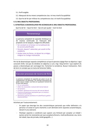 10 
3.1. Perfil exigible 
3.2. Adequació de les meves competències clau i el meu nivell d’ocupabilitat 
3.3. Que he de fer per millorar les competències clau i el nivell d’ocupabilitat 
4. EL MEU OBJECTIU PROFESSIONAL 
5. ESTRATÈGIA A DESENVOLUPAR PER ACONSEGUIR EL MEU OBJECTIU PROFESSIONAL 
Què he de fer – Quan ho faré – Qui em pot ajudar – Com ho faré 
Perseverança 
La persona competent té capacitat d’esforçar-se 
de manera continuada en l’execució dels 
propòsits i/o les tasques, malgrat les dificultats 
• Ser constant en el temps i en la realització de 
les accions planificades 
• Persistir, davant l’ adversitat, per assolir la fita 
establerta 
• Acabar totes les feines, no deixar-les a mitges, 
malgrat no s’estigui motivat/da 
Per tal de desenvolupar aquesta competència cal que la persona sàpiga fixar-se objectius i sigui 
conscient d’ells. Cal que els divideixi en objectius a curt, mig i llarg termini i que expliciti els 
passos a desenvolupar per aconseguir-los. Fomentar la constància. Buscar motivacions. Hem 
de tenir en compte que es tracta de fomentar hàbits. 
Executar processos de recerca de feina 
La persona competent té capacitat per posar en joc els 
coneixements, les destreses i les actituds necessàries per 
poder cercar i trobar una feina en qualsevol moment de 
la seva vida laboral 
• Fer un autoanàlisi 
• Inferir les necessitats i evolució del mercat laboral 
• Ser proactiu 
• Conèixer i gestionar els recursos del mercat laboral 
• Practicar les destreses necessàries per a la recerca i 
consecució d’una feina 
• Demostrar actituds positives en la planificació, gestió i 
recerca de feina 
Activitats per l’autoconeixement: 
- En paper que descrigui les deu característiques personals que millor defineixin a la 
persona i al costat en quins moments o com demostra tenir aquestes característiques, 
donant-li una valoració. 
- Plantejar aspectes o condicions que suposin una limitació per acceptar un treball i 
quines serien les necessàries per que acceptaria (horaris, nivell professional, sou, torns 
de treball, tipus de jornada, àmbit geogràfic...) 
 