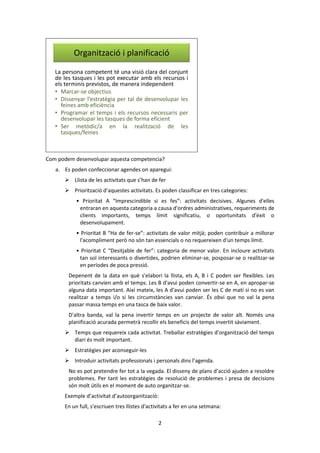 2 
Organització i planificació 
La persona competent té una visió clara del conjunt 
de les tasques i les pot executar amb els recursos i 
els terminis previstos, de manera independent 
• Marcar-se objectius 
• Dissenyar l’estratègia per tal de desenvolupar les 
feines amb eficiència 
• Programar el temps i els recursos necessaris per 
desenvolupar les tasques de forma eficient 
• Ser metòdic/a en la realització de les 
tasques/feines 
Com podem desenvolupar aquesta competencia? 
a. Es poden confeccionar agendes on aparegui: 
 Llista de les activitats que s’han de fer 
 Priorització d’aquestes activitats. Es poden classificar en tres categories: 
• Prioritat A “Imprescindible si es fes”: activitats decisives. Algunes d'elles 
entraran en aquesta categoria a causa d'ordres administratives, requeriments de 
clients importants, temps límit significatiu, o oportunitats d'èxit o 
desenvolupament. 
• Prioritat B “Ha de fer-se”: activitats de valor mitjà; poden contribuir a millorar 
l'acompliment però no són tan essencials o no requereixen d'un temps límit. 
• Prioritat C “Desitjable de fer”: categoria de menor valor. En incloure activitats 
tan sol interessants o divertides, podrien eliminar-se, posposar-se o realitzar-se 
en períodes de poca pressió. 
Depenent de la data en què s'elabori la llista, els A, B i C poden ser flexibles. Les 
prioritats canvien amb el temps. Les B d'avui poden convertir-se en A, en apropar-se 
alguna data important. Així mateix, les A d'avui poden ser les C de matí si no es van 
realitzar a temps i/o si les circumstàncies van canviar. És obvi que no val la pena 
passar massa temps en una tasca de baix valor. 
D'altra banda, val la pena invertir temps en un projecte de valor alt. Només una 
planificació acurada permetrà recollir els beneficis del temps invertit sàviament. 
 Temps que requereix cada activitat. Treballar estratègies d’organització del temps 
diari és molt important. 
 Estratègies per aconseguir-les 
 Introduir activitats professionals i personals dins l’agenda. 
No es pot pretendre fer tot a la vegada. El disseny de plans d’acció ajuden a resoldre 
problemes. Per tant les estratègies de resolució de problemes i presa de decisions 
són molt útils en el moment de auto organitzar-se. 
Exemple d’activitat d’autoorganització: 
En un full, s'escriuen tres llistes d'activitats a fer en una setmana: 
 