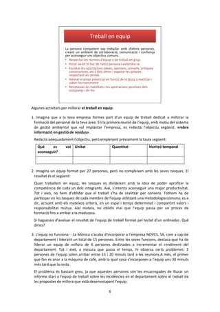 6 
Treball en equip 
La persona competent sap treballar amb d’altres persones, 
creant un ambient de col·laboració, comunicació i confiança 
per aconseguir uns objectius comuns. 
• Respectar les normes d’equip o de treball en grup 
• Posar-se en el lloc de l’altra persona i entendre-la 
• Escoltar les aportacions (idees, opinions, consells, crítiques 
constructives, etc.) dels altres i exposar les pròpies 
respectant als demés 
• Valorar el propi potencial en funció de la tasca a realitzar i 
saber-ho transmetre 
• Reconèixer les habilitats i les aportacions positives dels 
companys i dir-ho 
Algunes activitats per millorar el treball en equip: 
1. Imagina que a la teva empresa formes part d’un equip de treball dedicat a millorar la 
formació del personal de la teva àrea. En la primera reunió de l’equip, amb motiu del sistema 
de gestió ambiental que vol implantar l’empresa, es redacta l’objectiu següent: «rebre 
informació en gestió de residus». 
Redacta adequadament l’objectiu, però emplenant prèviament la taula següent: 
Què es vol 
aconseguir? 
Unitat Quantitat Horitzó temporal 
2. Imagina un equip format per 27 persones, però no compleixen amb les seves tasques. El 
resultat és el següent: 
Quan treballem en equip, les tasques es divideixen amb la idea de poder aprofitar la 
competència de cada un dels integrants. Així, s’intenta aconseguir una major productivitat. 
Tot i això, no hem d’oblidar que el treball s’ha de realitzar per consens. Tothom ha de 
participar en les tasques de cada membre de l’equip utilitzant una metodologia comuna; es a 
dir, actuant amb els mateixos criteris, en un espai i temps determinat i compartint valors i 
responsabilitat mútua. Així mateix, no oblidis mai que l’equip passa per un proces de 
formació fins a arribar a la maduresa. 
Si haguessis d’avaluar el resultat de l’equip de treball format pel teclat d’un ordinador. Què 
diries? 
3. L’equip no funciona ·· La Mònica s’acaba d’incorporar a l’empresa NOVES, SA, com a cap de 
departament i liderant un total de 15 persones. Entre les seves funcions, destaca que ha de 
liderar un equip de millora de 6 persones destinades a incrementar el rendiment del 
departament. Tot i això, a mesura que passa el temps, hi observa certs problemes: 2 
persones de l’equip solen arribar entre 15 i 20 minuts tard a les reunions.A més, el primer 
que fan és anar a la màquina de cafè, amb la qual cosa s’incorporen a l’equip uns 30 minuts 
més tard que la resta. 
El problema és bastant greu, ja que aquestes persones són les encarregades de lliurar un 
informe diari a l’equip de treball sobre les incidències en el departament sobre el treball de 
les propostes de millora que està desenvolupant l’equip. 
 