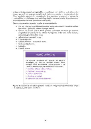 8 
Una persona responsable i coresponsable, és aquella que, entre d’altres, porta a terme les 
tasques que se li han assignat, acompleix amb els terminis pactats, es compromet amb les 
feines acordades, assumeix les conseqüències dels seus actes o accions i és puntual. La 
responsabilitat es treballa a partir de la planificació de la recerca de feina i el desenvolupament 
de les tasques que han estat pactades durant el procés. 
Algunes recomanacions per poder treballar la responsabilitat és: 
 Fer una llista de les responsabilitats que tenim encomanades i analitzar quines 
descuidem i quines no, anotant el perquè ho fem. 
 Revisar les excuses que es donen quan no s’assumeix una tasca que es tenia 
assignada i fer que la persona admeti el perquè no ho ha fet o ho fa: mandra, 
cansament, prioritzar altres coses. 
 Admetre i aprendre dels errors. 
 Fijar-se objectius. 
 Establir prioritats i executar els plans. 
 Gestionar bé el temps. 
 Iniciativa 
 Establir rutines 
Gestió de l’estrès 
La persona competent té capacitat per generar 
estratègies de resposta positives davant d’una 
situació difícil, complicada, sobrecarregada o de 
conflicte, essent capaç de treballar sobre pressió. 
• Analitzar la tasca a desenvolupar 
• Planificar i organitzar-se 
• Avaluar les tasques 
• Distribuir el treball 
• Identificar fortaleses i debilitats 
Algunes de les activitats per reduir i gestionar l’estrès van adreçades a la planificació del temps 
i de les tasques, amb la seva priorització 
 